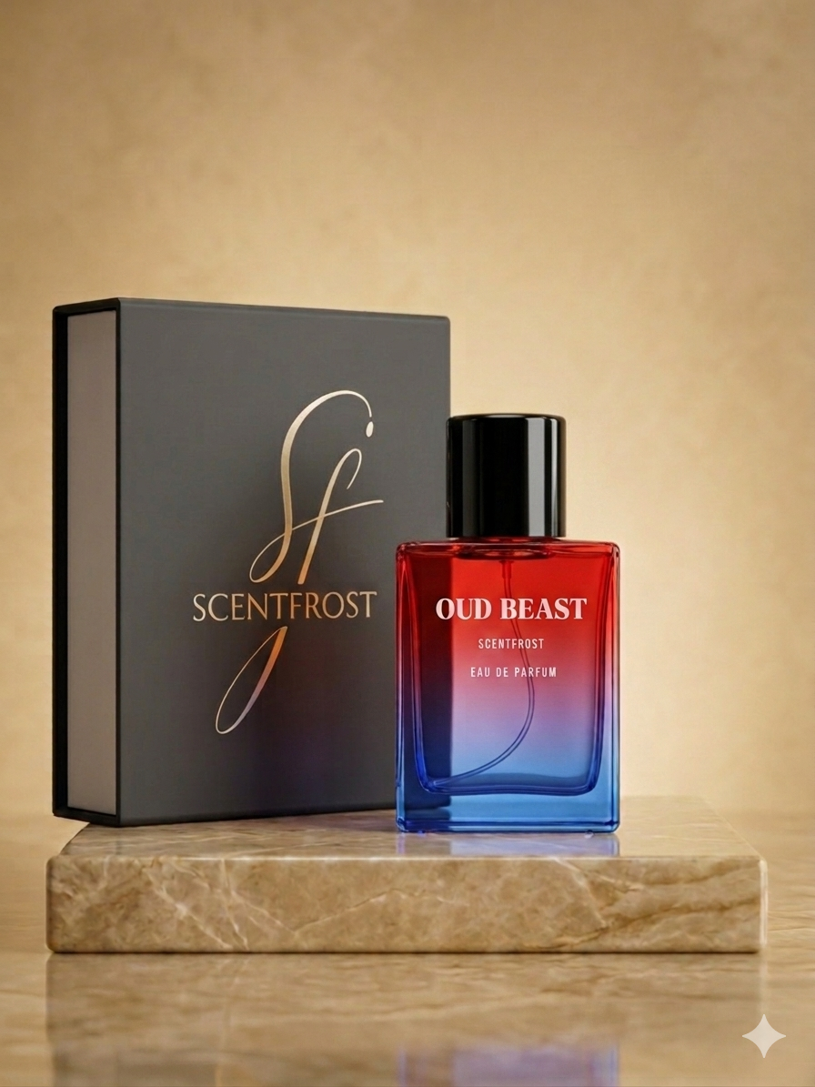 oud beast front hero shot bottle with box scent frost